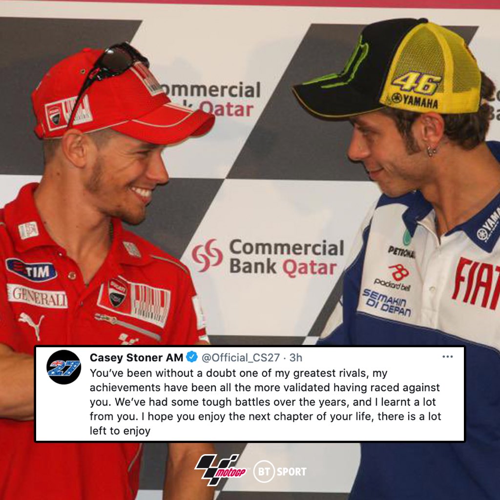 uafhængigt maksimum Ring tilbage MotoGP on BT Sport on Twitter: "We saw Valentino Rossi go to war against  Casey Stoner and Jorge Lorenzo 😤 They pushed each other and MotoGP to new  levels... Seeing these tributes