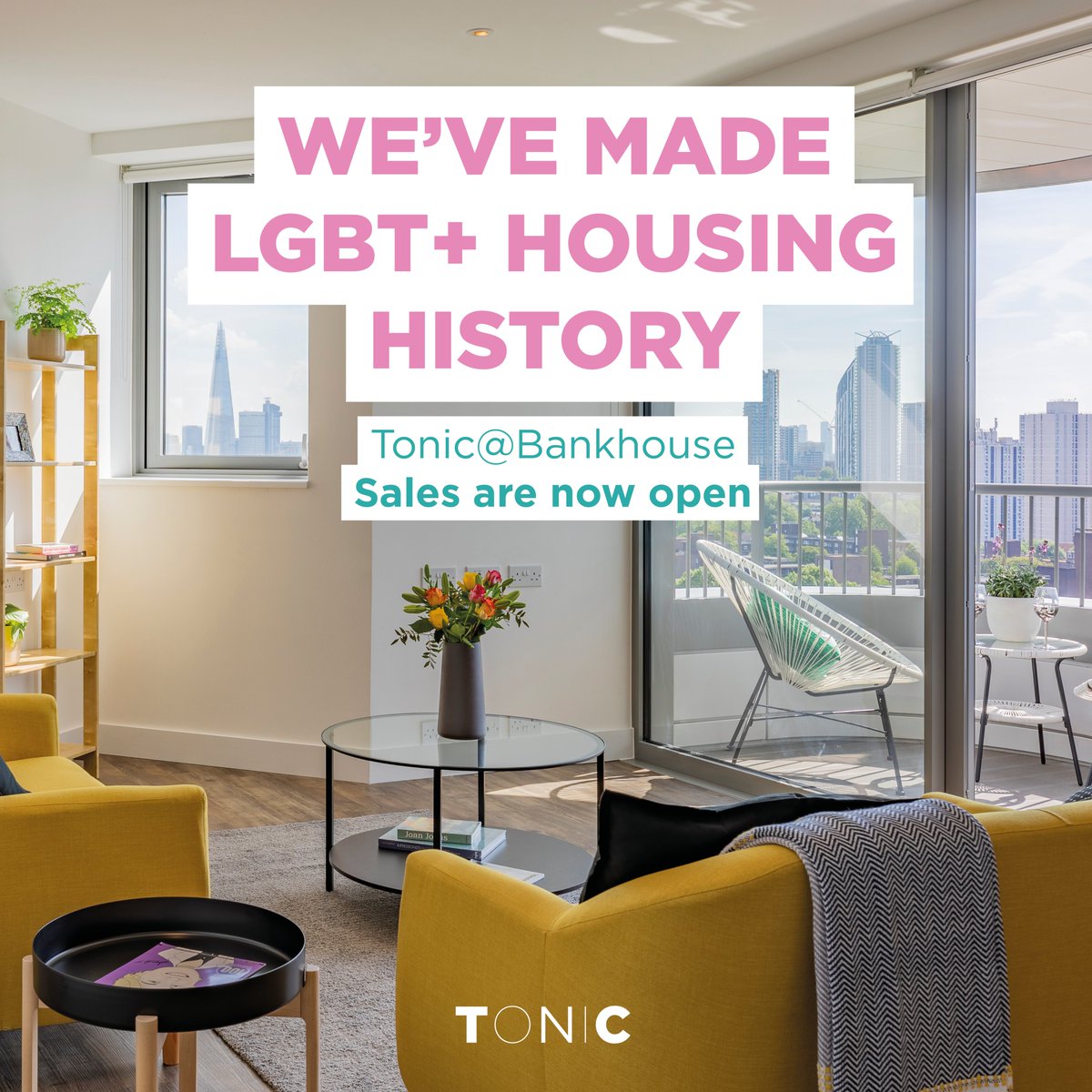 📢🥳 Today we are launching the sales of our older person’s shared ownership properties at Tonic@Bankhouse, marking a historic moment in LGBT+ housing history. 
 
➡️Read our full announcement here: tonichousing.org.uk 
 
➡️Find our sales website here: tonicatbankhouse.org