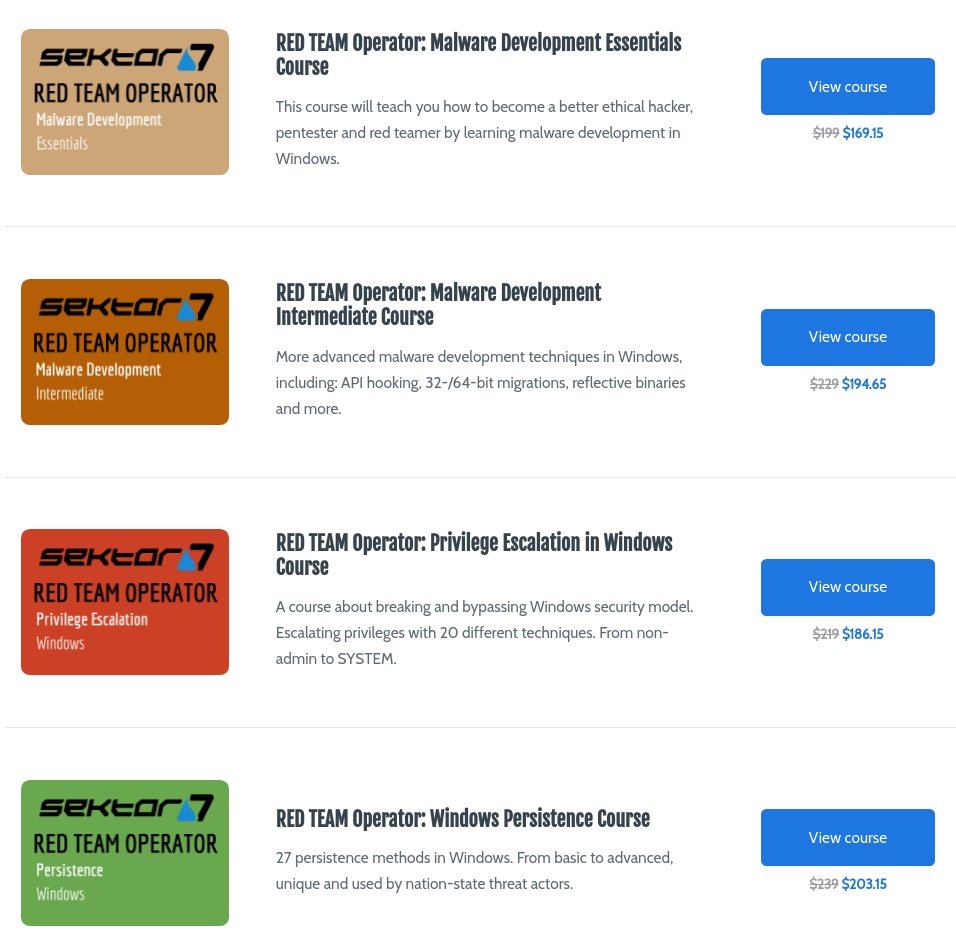 SEKTOR7net's tweet image. CTF at DEFCON29 @RedTeamVillage_ is about to start, so we decided to give out a 15% discount on all our available courses.
Use the coupon below before Aug 8th:
institute.sektor7.net/?coupon=DEFCON…
Happy hacking at #DEFCON29!
#hacktheplanet #redteam #CyberSecurity