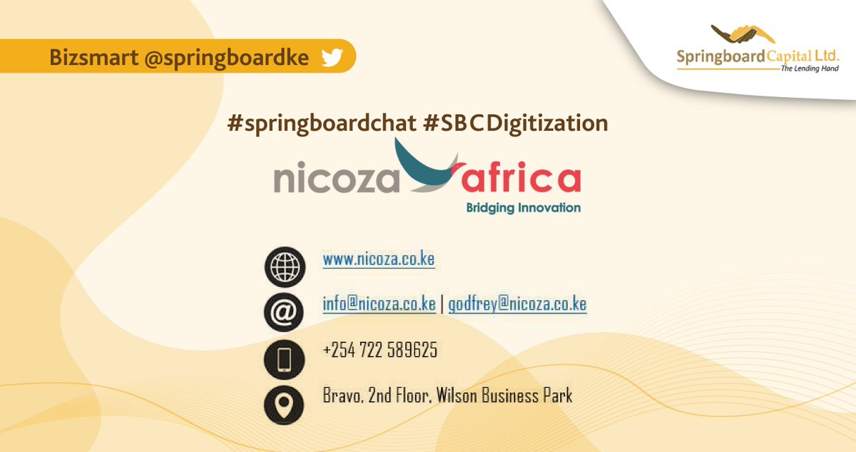 springboardke's tweet photo. We’ve come to the end of our chat but the conversation continues right here. A big thank you to @montekajamaa of @NicozaAfrica for these priceless nuggets and all our participants for interacting with us today. Reach out to @NicozaAfrica today👇 #SBCDigitization #SpringboardChat https://t.co/Rkpe0Yal45