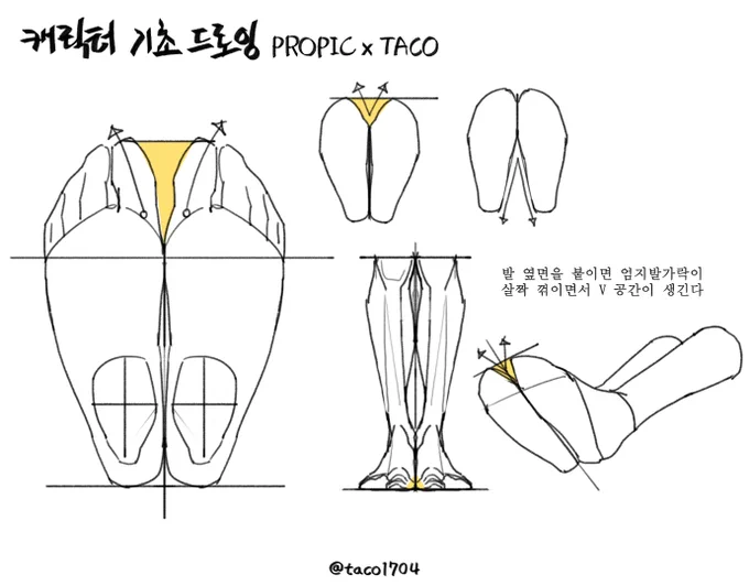 발 옆면을 붙이면 엄지발가락이 살짝 꺾이면서 'V' 공간이 생긴다 