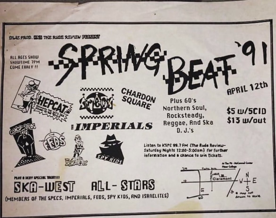 dalehauskins's tweet photo. 1991 flyer divulging Dale,performing with #ska #TheSpecs @pitzercollege @CityofClaremont #California.
I was #guitarist their first album «Changes to the Few»+compilation «#CaliforniaSka Quake».#LosAngelesSka #skamusic #Californiareggae #ThirdWaveSka #LosAngelesGuitarist #2tone https://t.co/athR0kxV2I