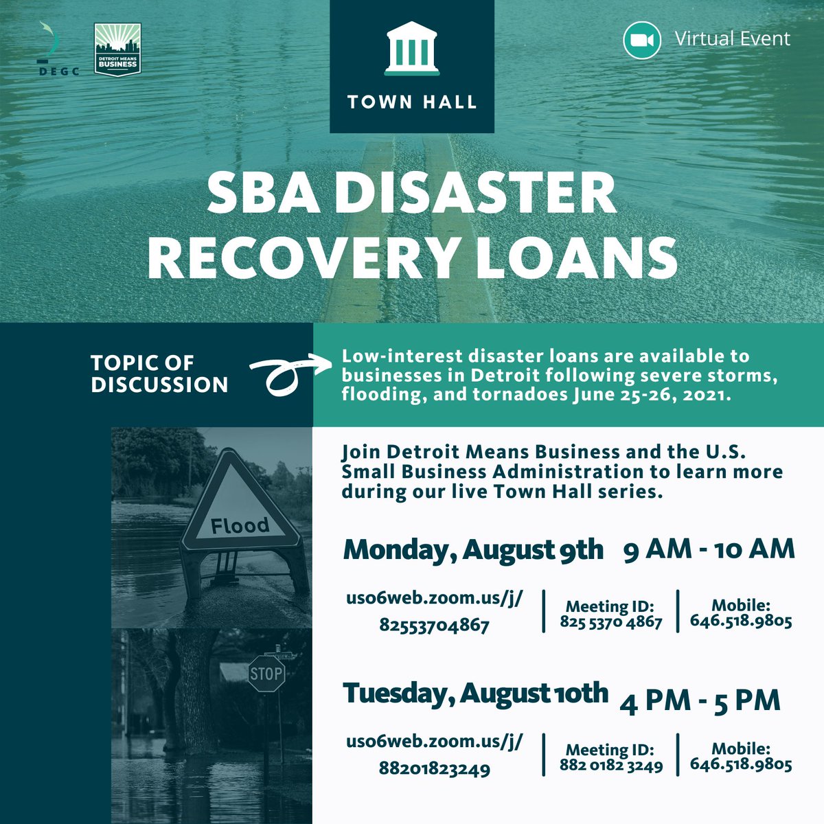 Join Detroit Means Business and the U.S. Small Business Administration for a LIVE Town Hall to learn more about low-interest disaster loans available to Detroit businesses following the June 25 - 26 storms.