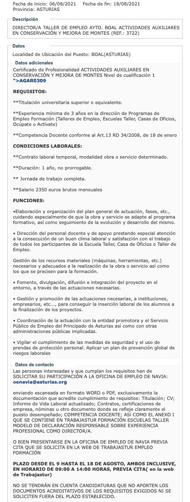 Boal avanza hacia la puesta en marcha de su taller de empleo en materia forestal. 
Si te interesa formar parte del alumnado o el puesto de dirección del mismo tienes entre el 9 y el 18 de este mes para solicitarlo ante la oficina de empleo de Navia. 
¡PARTICIPA!