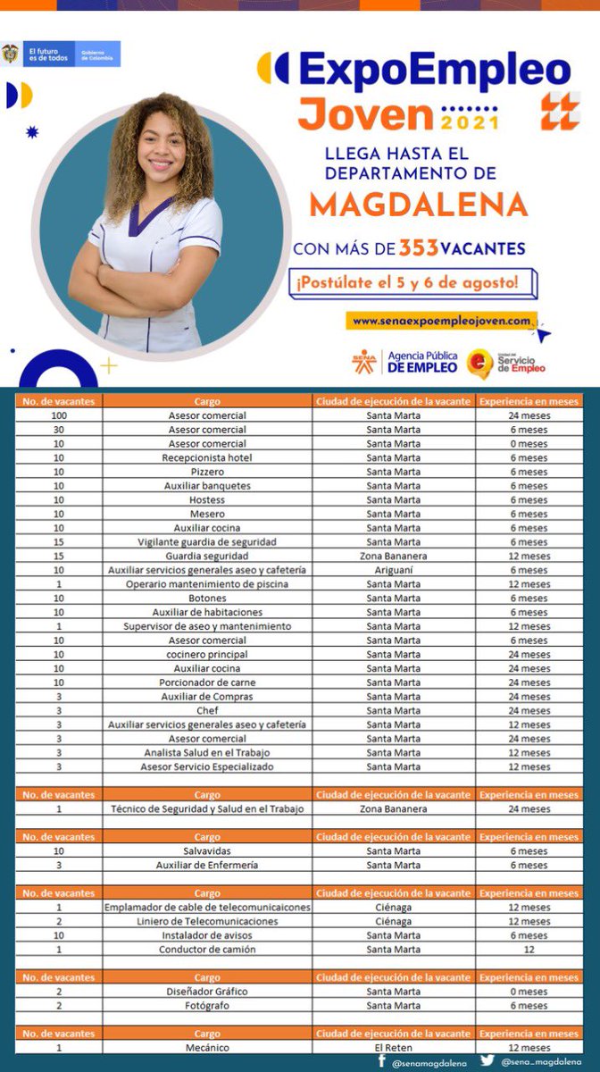 sena_magdalena's tweet photo. Conéctate con nuestra programación y accede a las vacantes disponibles que tenemos en nuestra regional. #ExpoEmpleoJoven para ti. 📍💁
👉👉https://t.co/7v14EjTOvt #SENAEsEmpleo https://t.co/n5x3wTQ8gX