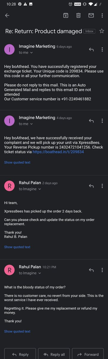 playitthisway's tweet photo. @RockWithboAt  I had registered a complaint within 24 hours and it was successfully picked up in a day. Then why is your team shut now and not responding to me. Neither about receiving the product back nor about giving it to me. I need to know why are you stealing from Customers? https://t.co/tKgib8xrtc
