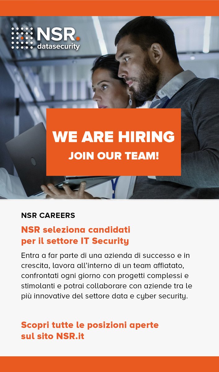 NsrDatasecurity's tweet image. #NSRdatasecurity seleziona candidati per il settore IT Security.
Scopri tutte le posizioni aperte nella sezione Careers del sito NSR.it
#careers #hiring
#jobalert #jobapplications #jobhiring #NSRdatasecurity
linkedin.com/posts/nsr_nsrd…