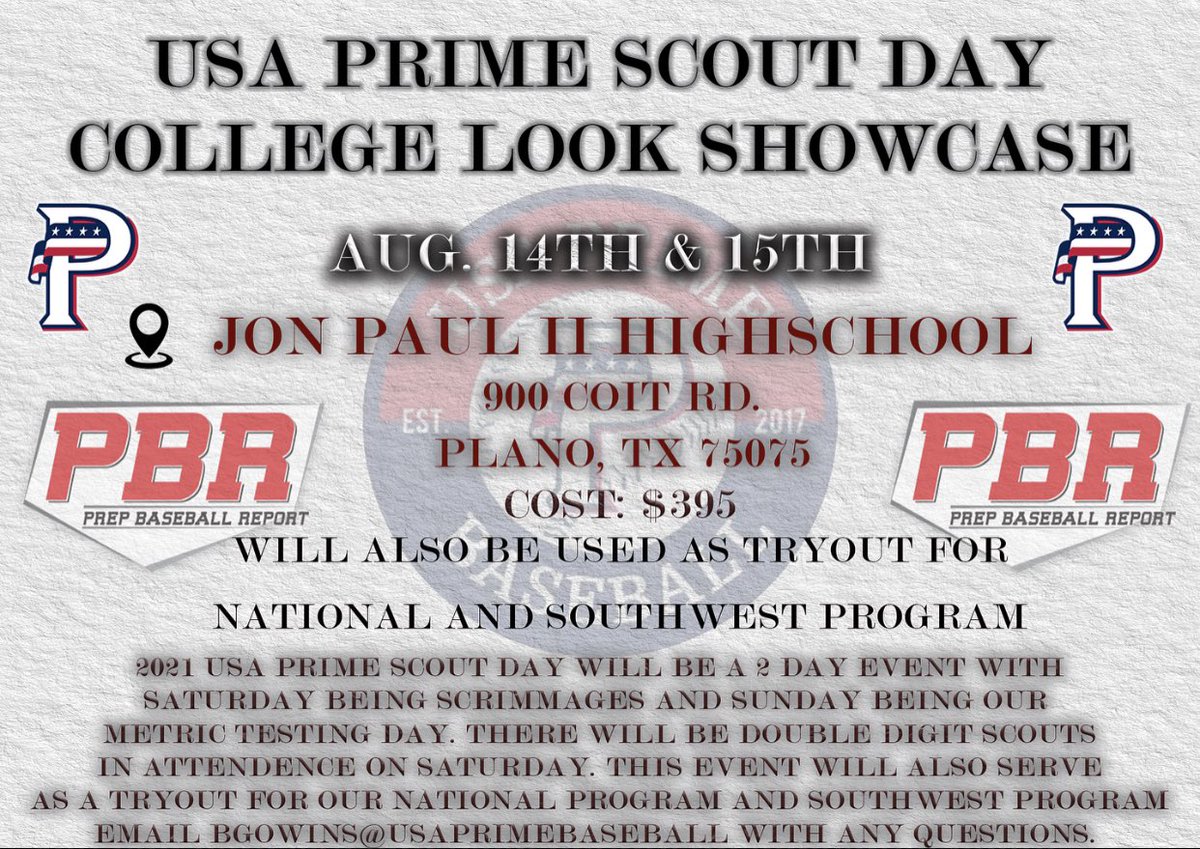 USA Prime Baseball (@usa_primebb) on Twitter photo We are a week away from our 2nd Annual USA Prime Scout Day/College Look Showcase powered by @PBR_Texas. This year we will use it as a tryout for our <a href="/USAPrimeNat/">USA Prime National Program</a> program as well as our <a href="/USA_PRIME_SW/">USA Prime - Team Southwest</a> program. Sign up link in the bio above #PrimeMovement #PrimeRecruits We are a week away from our 2nd Annual USA Prime Scout Day/College Look Showcase powered by @PBR_Texas. This year we will use it as a tryout for our <a href="/USAPrimeNat/">USA Prime National Program</a> program as well as our <a href="/USA_PRIME_SW/">USA Prime - Team Southwest</a> program. Sign up link in the bio above #PrimeMovement #PrimeRecruits