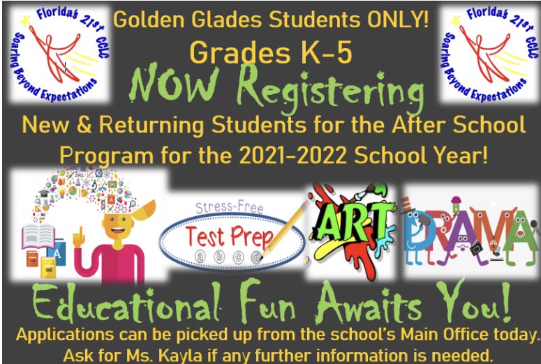 Golden Glades Elementary Mighty Eagles <a href="/_golden_eagles/">Golden Glades ES</a> is now registering students. We are a “B” school offering a quality educational experience in a quality learning environment with K-5 programs offered after school. Our Mission is Possible <a href="/JeffRateau1/">Jeff Rateau</a> @yashyawa <a href="/MDCPSNorth/">M-DCPS North Region</a>