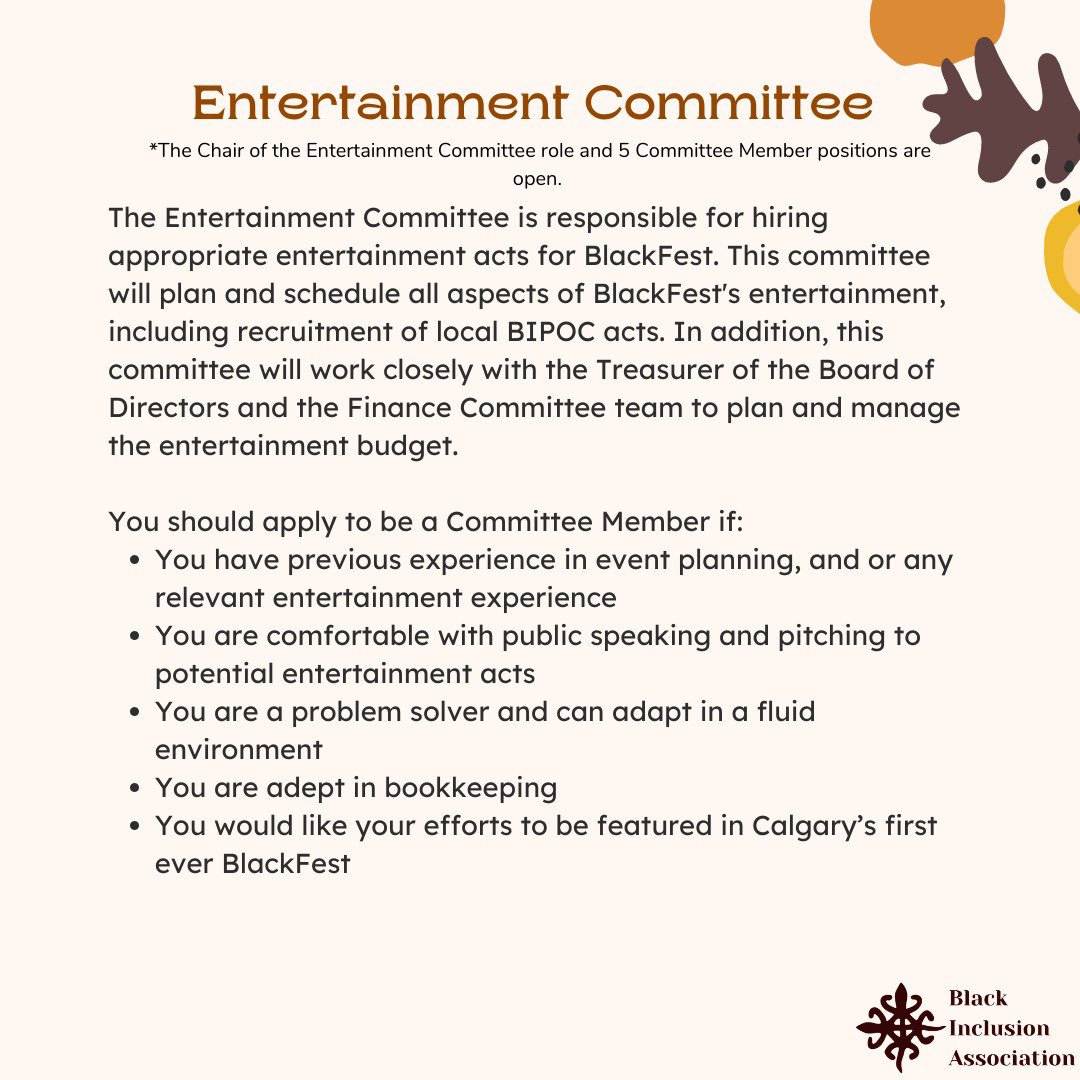 blackinclusion's tweet photo. BIA is recruiting special committee members for a huge upcoming festival! Swipe through to learn about all our different committees and apply today through the link in our bio!  (1/3) https://t.co/BNXkrwVivX