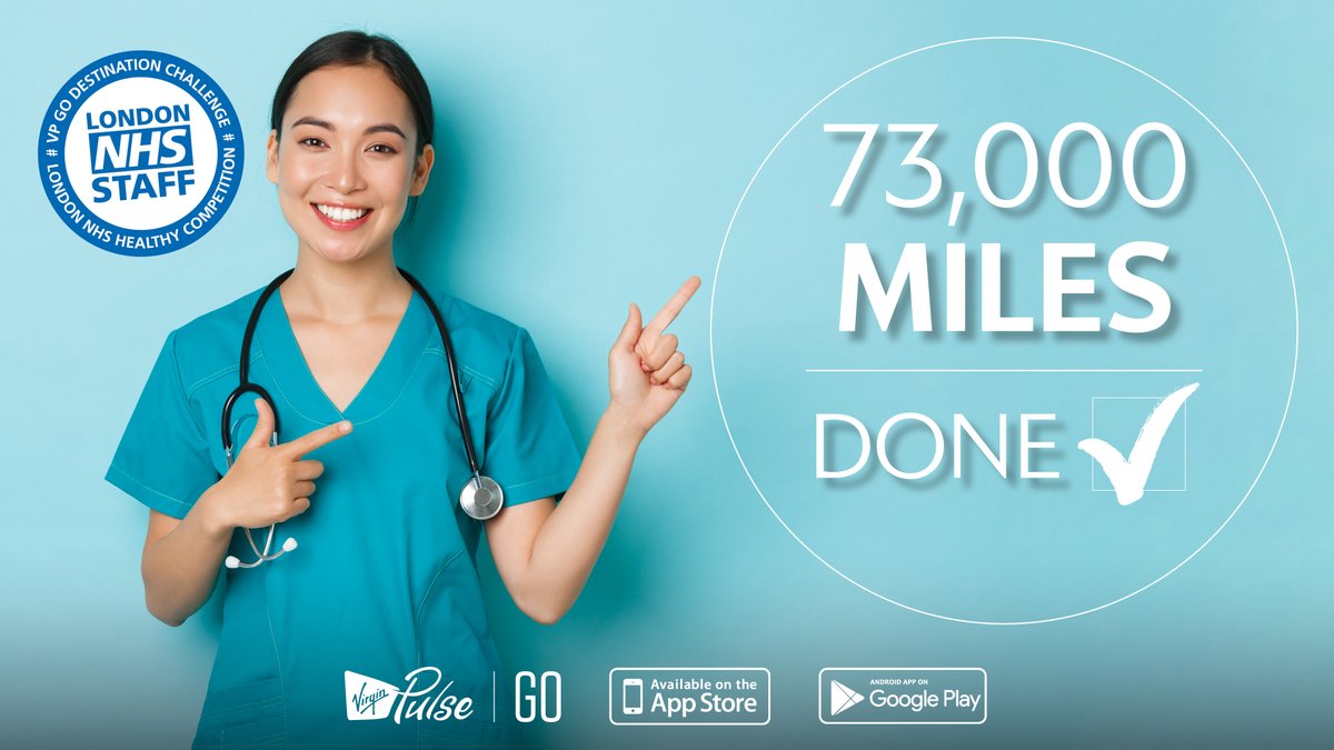NHS London People Wellbeing (@nhs_ldn_wellbe) on Twitter photo A week and half done of the <a href="/virginpulse/">Virgin Pulse</a> #LondonNHSDestinationChallenge and we have hit a massive 73,000 miles! Well done to all the teams that have been with us on the journey so far. Let's see how many miles we can add over the weekend!
#LondonNHSHealthyCompetition A week and half done of the <a href="/virginpulse/">Virgin Pulse</a> #LondonNHSDestinationChallenge and we have hit a massive 73,000 miles! Well done to all the teams that have been with us on the journey so far. Let's see how many miles we can add over the weekend!
#LondonNHSHealthyCompetition