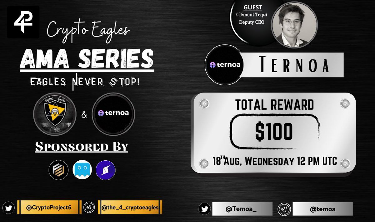 CryptoProject6's tweet photo. We are pleased to announce our next AMA on August 18, 2021 at 12:00 PM UTC
 
@CryptoProject6

 x 
@Ternoa_

Reward : 100$
For AMA details:
https://t.co/juNbMXlQaN
Requirements:
Follow :-
@Ternoa_
 &amp; 
@CryptoProject6

Like, RT, Tag your 3 Friends https://t.co/9nse5Sxhg0