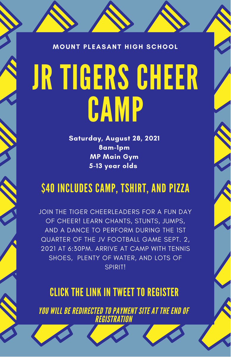 MPVCheer's tweet photo. Click the link to register for the JR TIGERS CHEER CAMP: https://t.co/bAoHkYQlF5 https://t.co/Nu08ZPuDqN