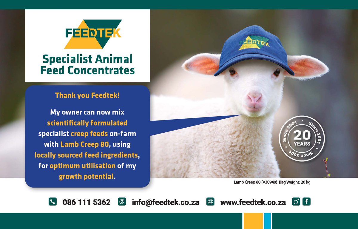 Stockfarmmag's tweet photo. With #Feedtek’s #LambCreep80 small stock farmers can mix scientifically formulated specialist creep feed on-farm. Contact your #Feedtek representative for more info or visit https://t.co/7oE16EDwCb. Alternatively, you can also send an email to info@feedtek.co.za
#AskForFeedtek https://t.co/jujeaGzGc4