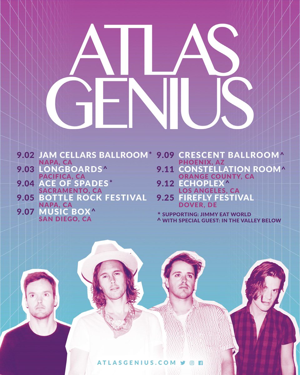 Tickets are now on sale for a handful of headlining shows with support from our friends <a href="/bookofITVB/">In The Valley Below</a>.

Go to atlasgenius.com for more updates and ticket links.