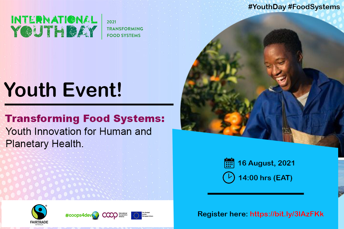ICA_AFRICA1's tweet photo. Youth engagement is key to the transformation of food systems.
. 
Join the discussions on Youth Innovation for Human and Planetary Health on 🗓 16 August, 2021 at 🕑 14:00 hrs (EAT). 
.
Register here: 🔗 https://t.co/YrU326zuUh 
.
#YouthDay  #youthcoops  #coop4dev🌍 https://t.co/0ssmeuMcAh