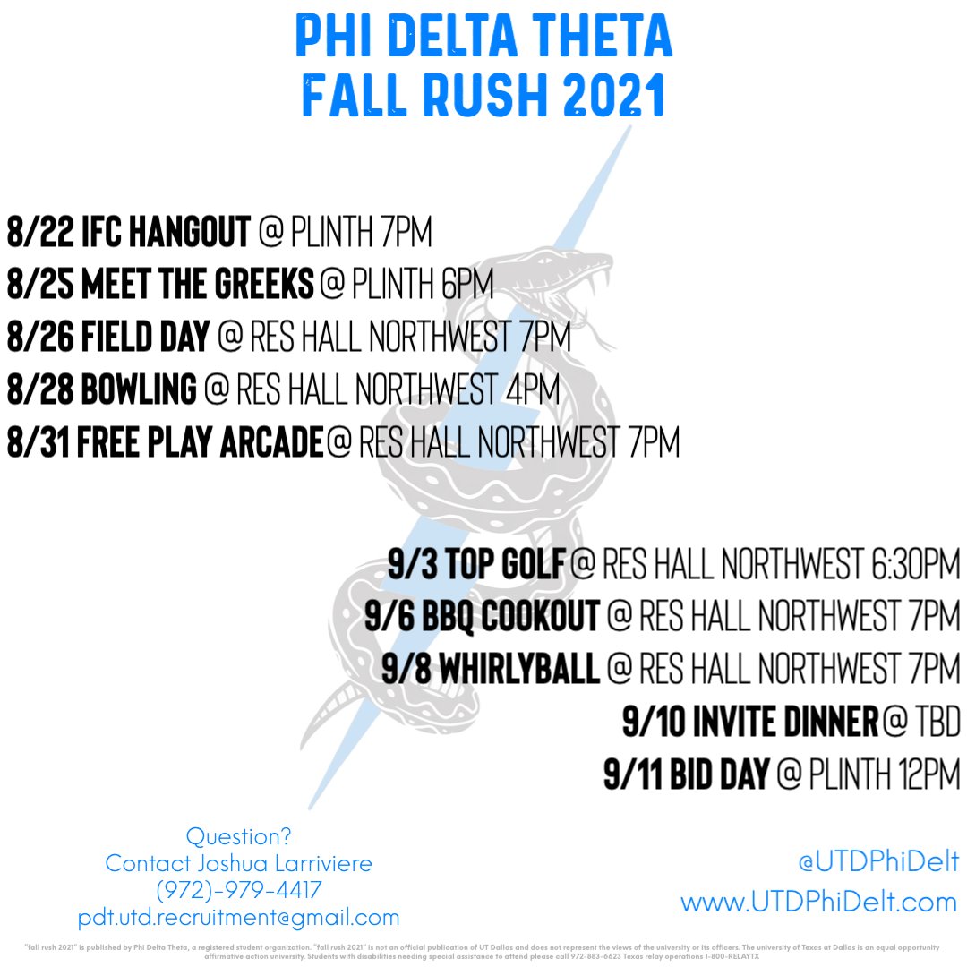 Join us this coming fall semester as we head back to school and see what Phi Delta is all about.

Have a question or want more information? Don't hesitate to reach out to us here on Twitter!

OR

Contact our wonderful recruitment chairman,

Josh Larriviere
(972) 979-4417