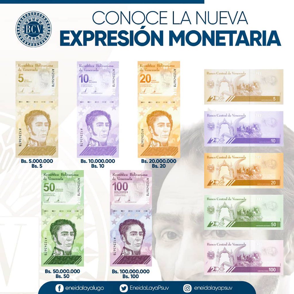 #Conoce || La nueva expresión monetaria, entrará en vigencia a partir del #1Oct. Consiste en dividir la escala actual entre 1 millón o eliminar 6 ceros. #6Ago #BolívarAdmirable