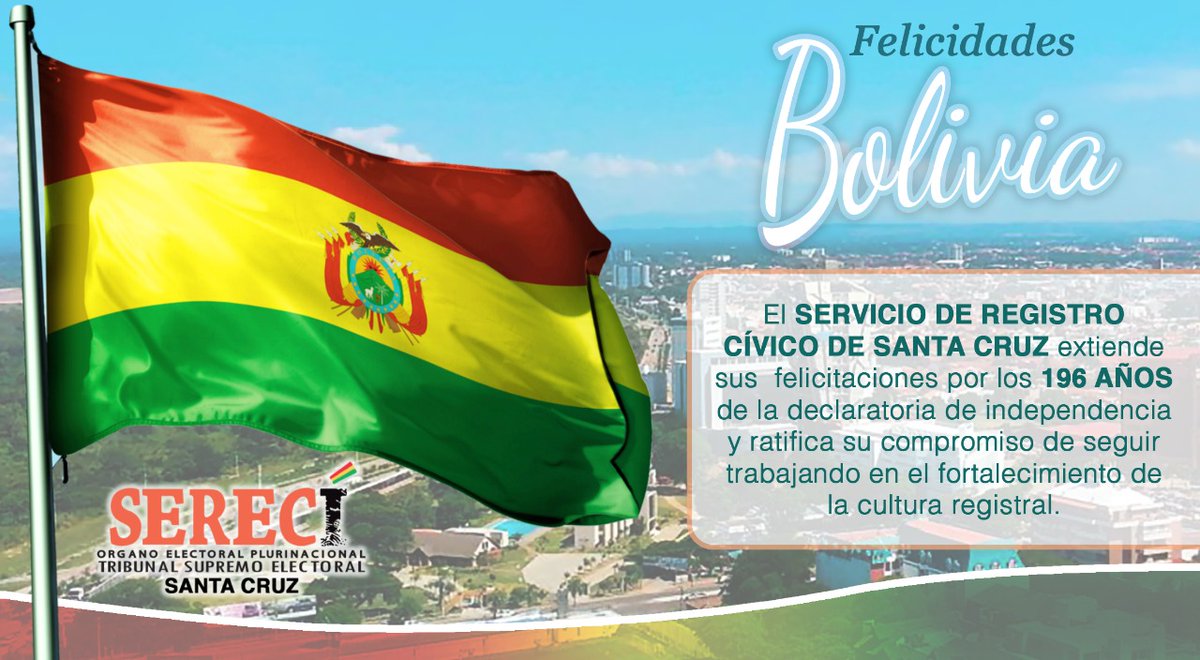 ¡Felicidades Bolivia! 🇧🇴

#Bolivia | El Serecí Santa Cruz, felicita a Bolivia por sus 196 años de la declaratoria de la independencia. Asimismo, ratificamos el compromiso de seguir trabajando en el fortalecimiento de la cultura registral.

#6deAgosto