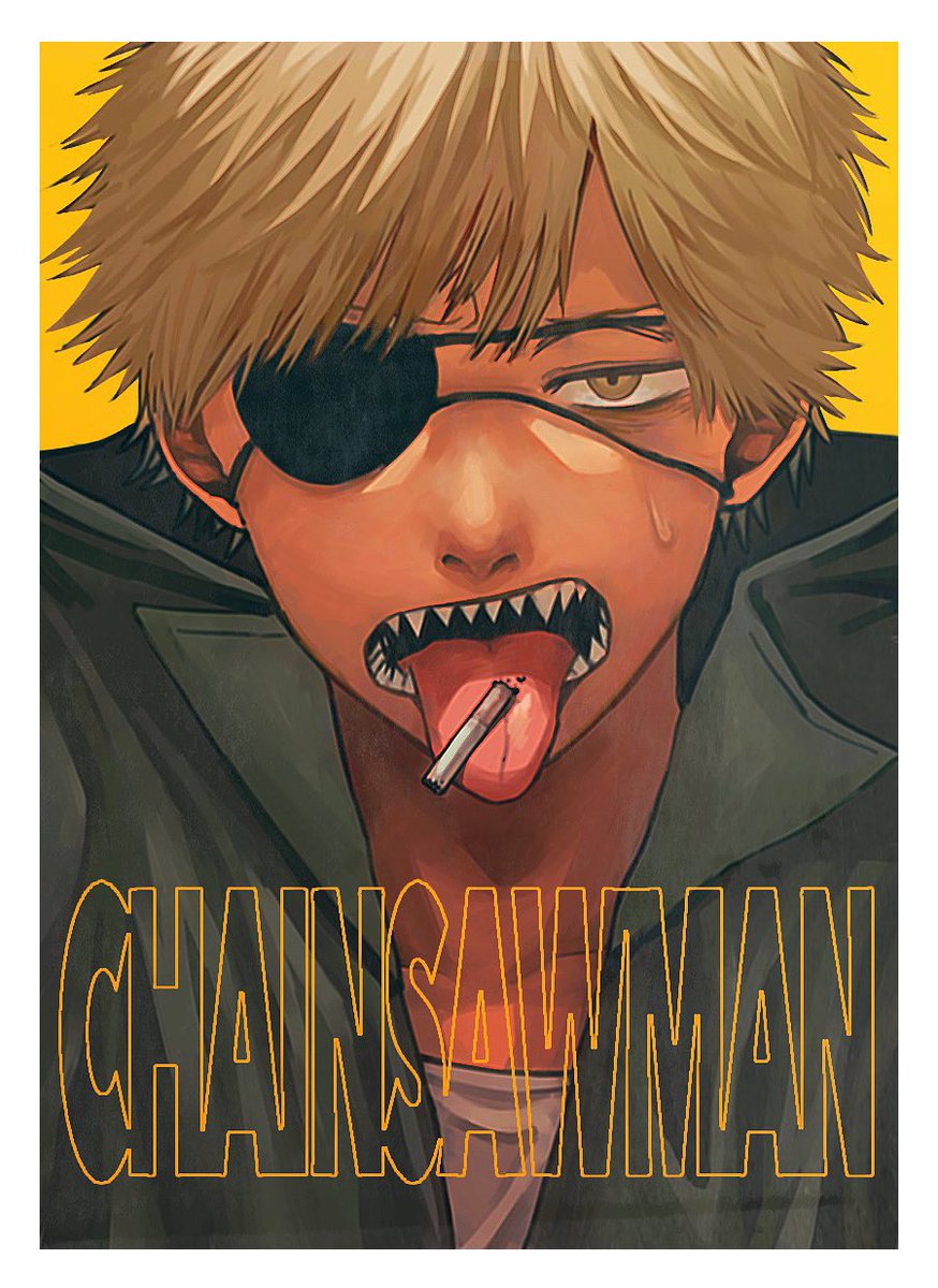 denji (chainsaw man) 1boy tongue teeth eyepatch sharp teeth solo blonde hair  illustration images