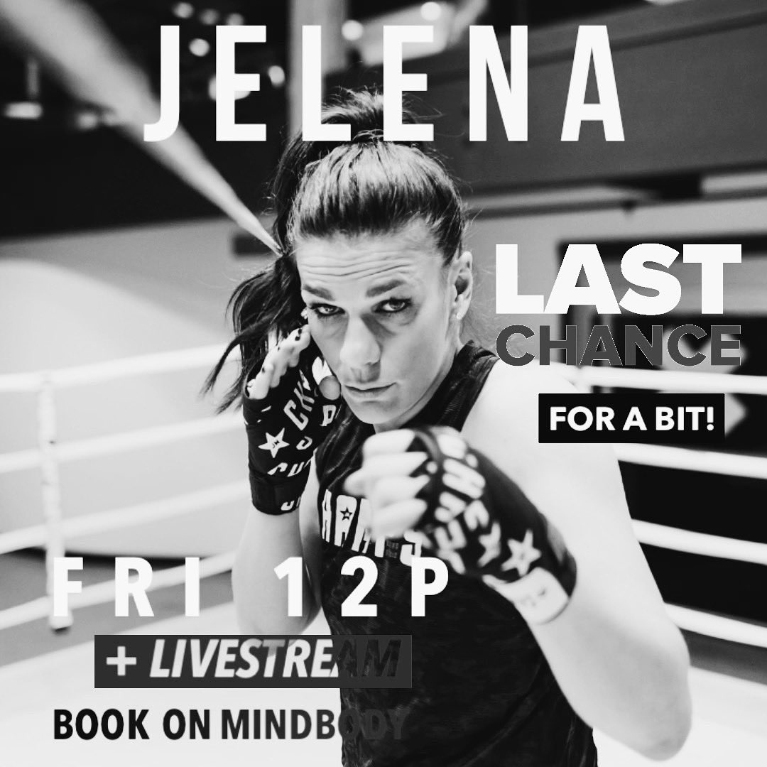 Catch Jelena today 12P! In studio or Livestream.
Let’s Go! 🥊
Last chance for a bit…

Book on Mindbody 

<a href="/JelenaBoxing/">Jelena Mrdjenovich</a>  
@yegfitness 
#thisiswhyibox #beachamp
#writeyourownstory