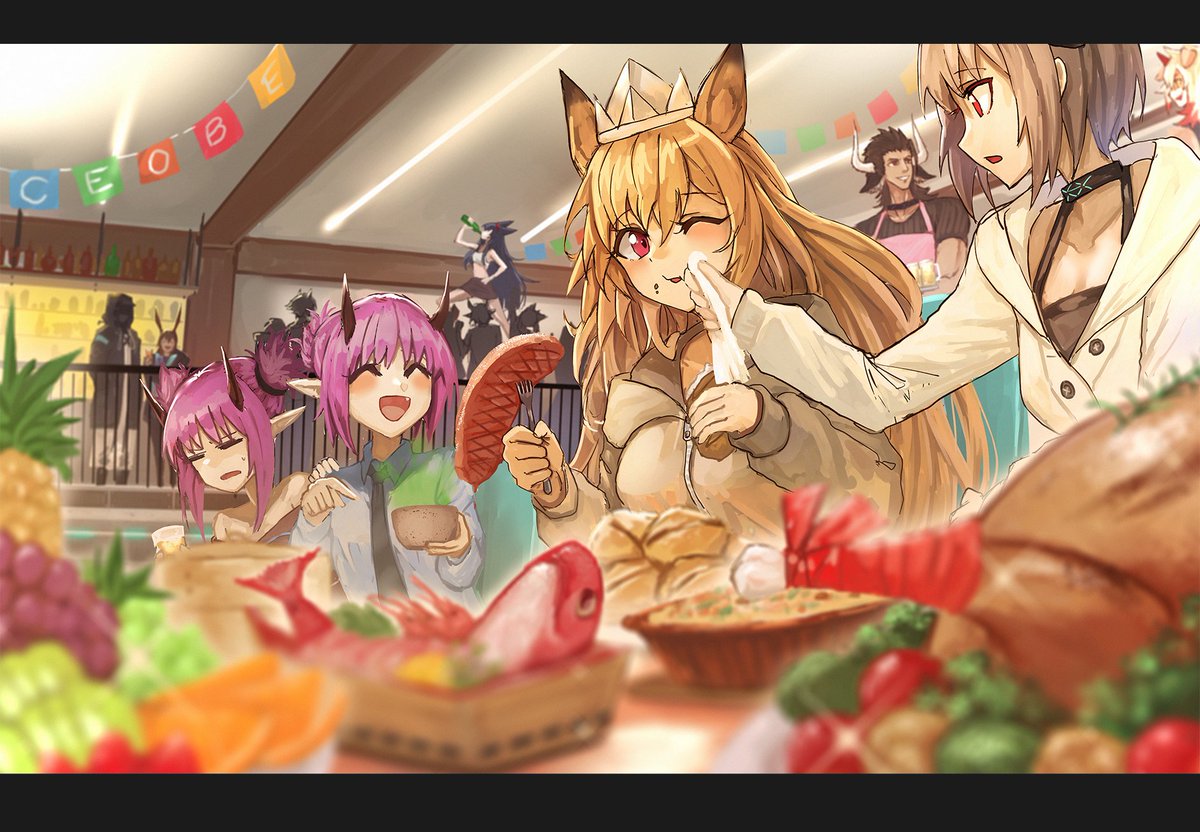 ceobe (arknights) multiple girls horns animal ears food letterboxed 6+girls pointy ears  illustration images