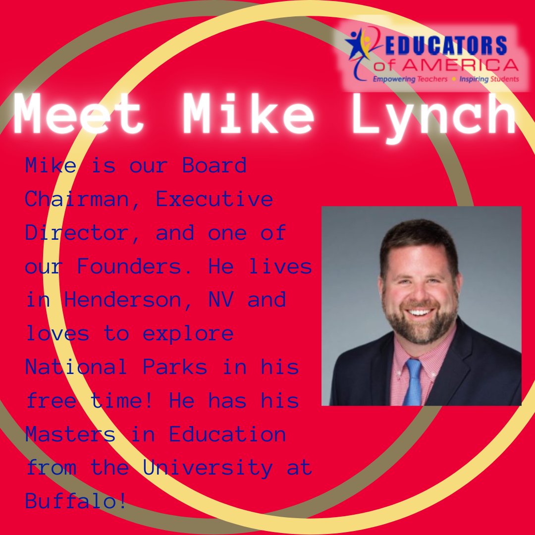 EducatorsUSA's tweet photo. Happy Friday! We want to celebrate all the hard work our board does with a post each Friday to get to know them all! This Friday, meet Mike Lynch!
#leadership #motivation #professionaldevelopment #founder #microgrant #nonprofit #charity #donate #educatorsofamerica #missiondriven https://t.co/UBYBYEvoia