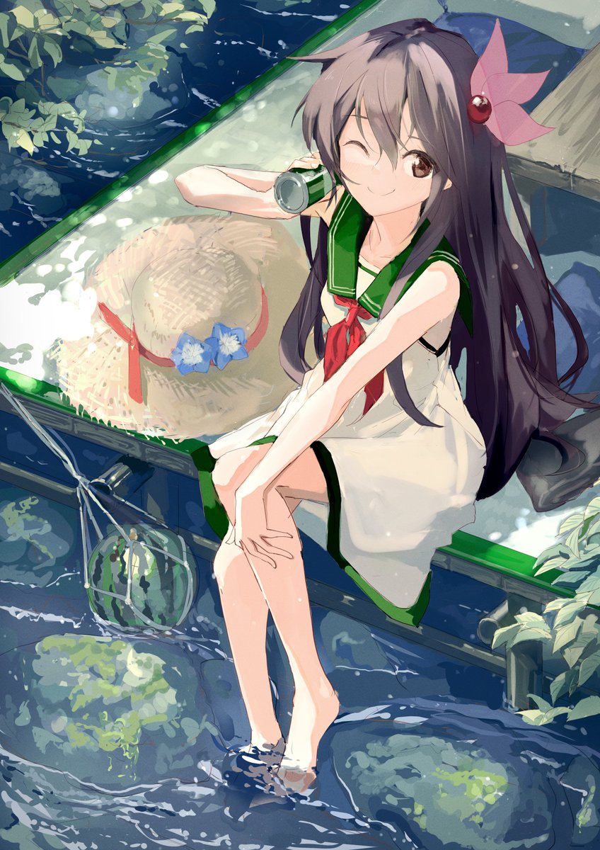 kisaragi (kancolle) 1girl long hair hat watermelon solo one eye closed dress  illustration images