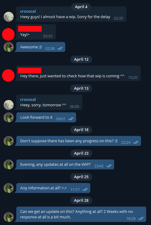 Zhinrak's tweet photo. Dislike having to make a post like this, but it's been months since @jackalman6 gave any updates on a commission I paid for in March.

Lesson: Don't use "Friends or Family" option for commissions. Can't force refunds. 

Basic communication with artists shouldn't be this hard! https://t.co/vhpFdJsXtr