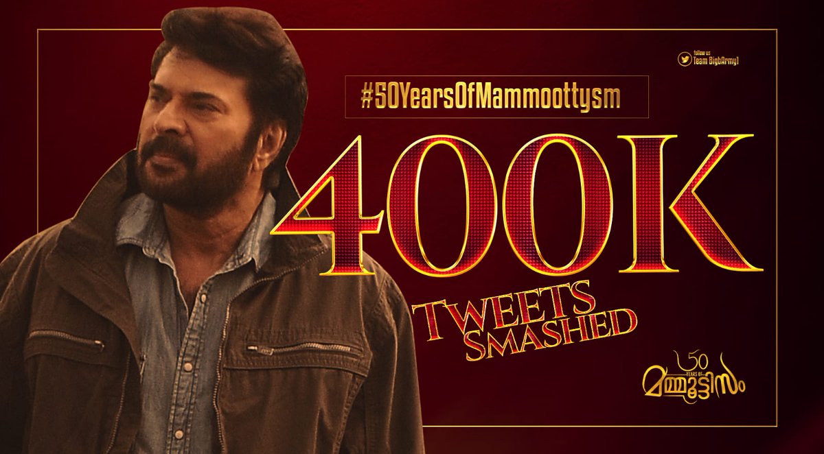 MammukkaEditors's tweet photo. Record Alert ❗💥

Smashed 400k+ Tweets 🔥

#50YearsOfMammoottysm

@mammukka #BheeshmaParvam ❤️ https://t.co/qkvorlbjho