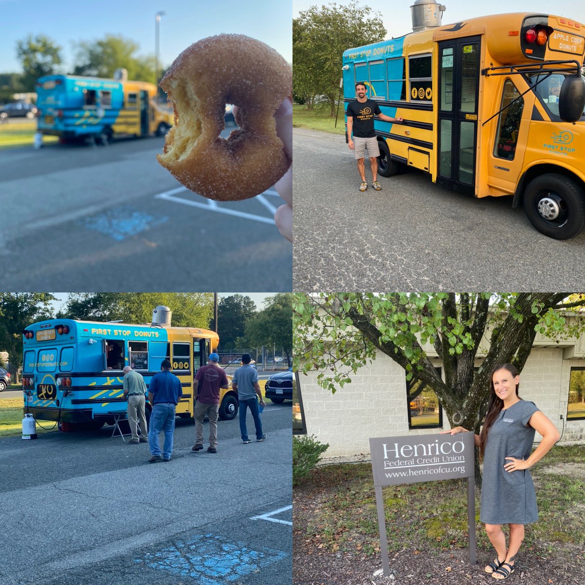 HenricoFCU's tweet photo. We had a wonderful time at Woodman Branch Lobby Day this beautiful morning! Nothing like starting off your day with some delicious donuts from @firststopdonuts πππ #donuts #firststopdonuts #creditunion #ilovemycreditunion #yum #foodtruck #appleciderdonuts #local https://t.co/AdWon0aa4C