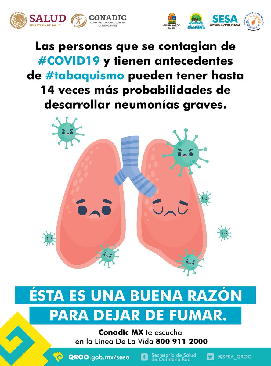 ¿ Sabías qué? las personas que se contagian de #Covid19 y tienen antecedentes de #Tabaquismo pueden tener hasta 14 veces más probabilidades de desarrollar neumonías graves.