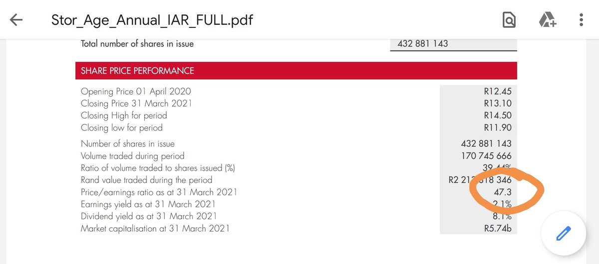 ThinkingForwar5's tweet image. I&apos;m confused, why is Stor-Age&apos;s PE ratio according to the Integrated Annual Report 47, if the EPS is around R2 and share price R14? 🤔
Any thoughts, or simply a typo?
#JSESSS
 @financeghost @smalltalkdaily