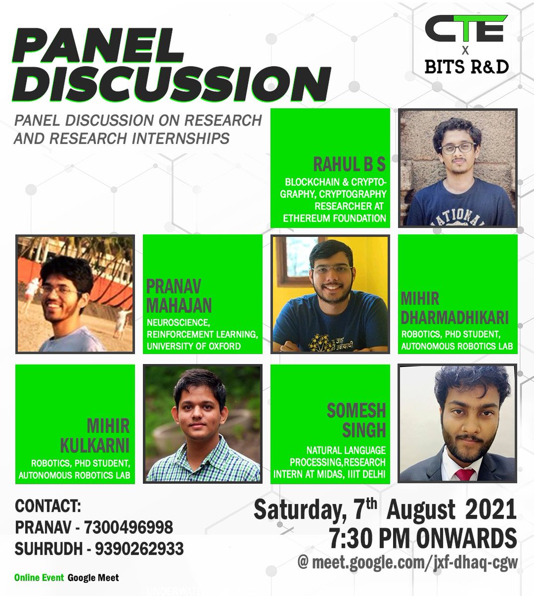 CTEBPGC's tweet photo. Hello Everyone!

CTE in collaboration with BITS R&amp;D brings to you a Panel discussion on Research and Research Internships. During the discussion, we will touch upon how to get into research, secure a research internship and also know about the daily activities of Researchers. https://t.co/scOE18OScJ