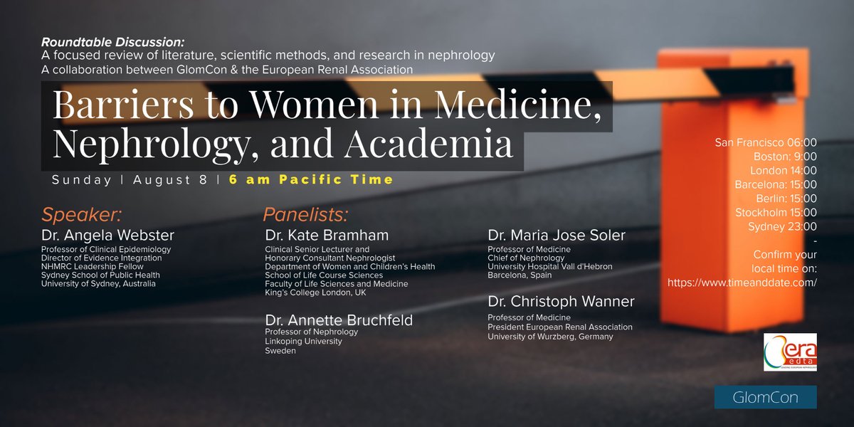 Sunday's Roundtable w @ERAEDTA 
[2 hours earlier than usual]

Barriers to Women in Medicine, Nephrology, and Academia

Join glomcon.zoom.us
Mtng ID: 937 9592 6539
Passcode 202122

sign up for the newsletter
glomcon.us13.list-manage.com/subscribe?u=aa…