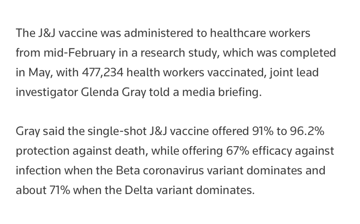 EricTopol's tweet photo. New data (via press briefing) on the 1-shot J&amp;J vaccine in >477,000 health care workers support high level of protection, including during the South African Delta wave. Look forward to seeing the dataset but certainly encouraging
https://t.co/lFUCkWzghp https://t.co/8rkhnbID1N