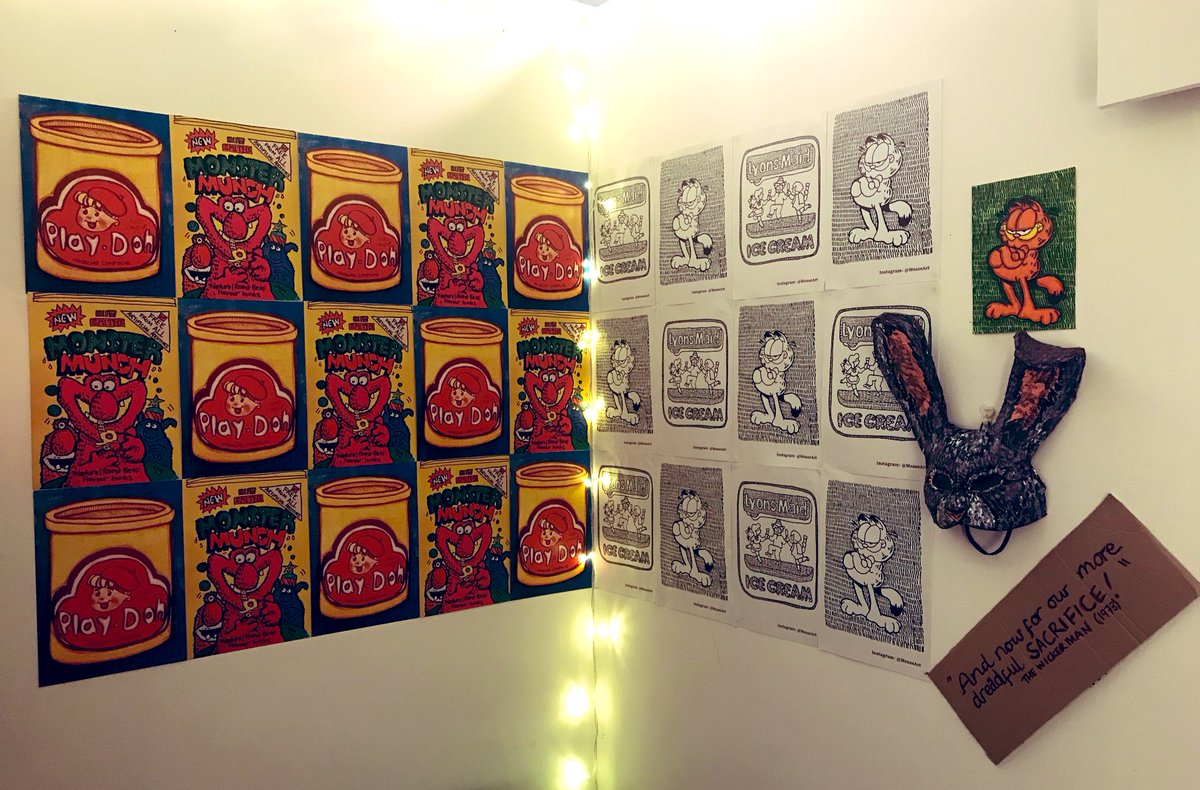 Some more from Alice’s studio - colouring-in prints from her contribution to <a href="/InterArts1/">Inter-Arts</a>’s Childhood exhibition, and a Wicker Man-inspired mask from Halloween 2019 🐰🎃