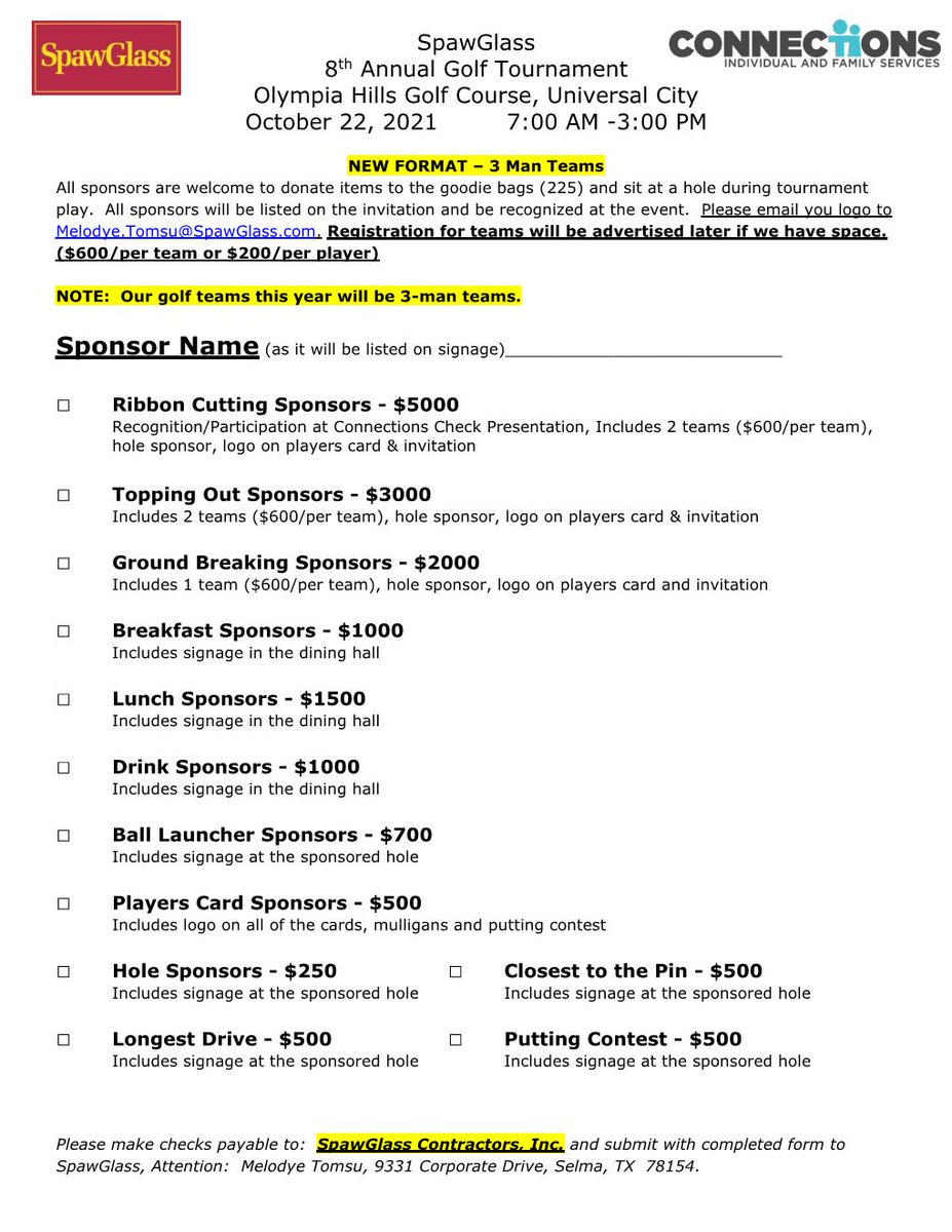 Plans for Friday, October 22nd?  Join <a href="/SpawGlass1953/">SpawGlass</a> San Antonio for a fun day of golfing to support our friends at Connections.  have a few more sponsorship spots open.  We appreciate all who have sponsored up to this point!
