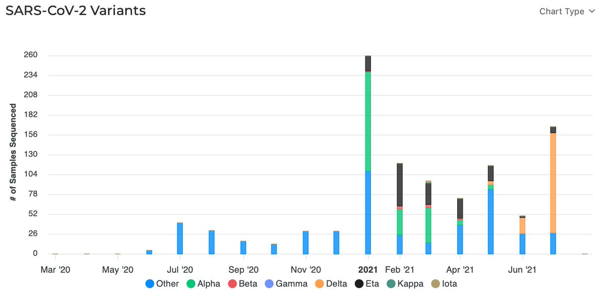 YemaachiBio's tweet photo. SARS-CoV-2 variant distribution over time in Ghana.  as of July 2021,  #Delta has taken over as the predominant variant in the country. View the @WACCBIP_UG @YemaachiBio  interactive tracker at https://t.co/t6chNWLquD https://t.co/u41o11Dduf