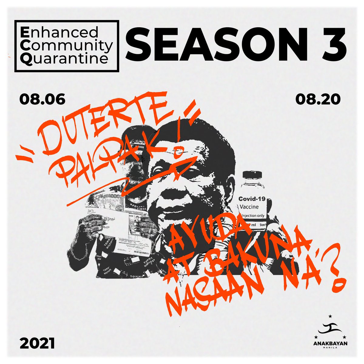 AnakbayanMNL's tweet photo. AYUDA AT BAKUNA, NASAN NA?

Ngayong araw, nagsimula na ang ikatlong serye ng pagpataw ng  ECQ sa NCR. Isa't kalahating taon na tayong humaharap sa pandemya ngunit patuloy pa rin ang pagtaas ng kaso ng COVID-19 dulot ng palpak na rehimeng Duterte.

BASAHIN: https://t.co/Qplhp7660y https://t.co/Kcf6LhPbiC