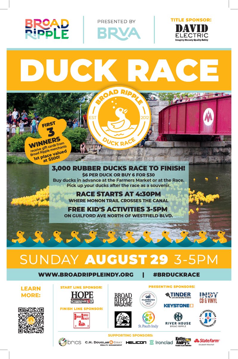 Unterdada's tweet photo. @CHDGWealth is proud to be a supporting sponsor of the @broadrippleindy Duck Race!  Hope to see you there Aug 29 at 4:30 pm. Be there or be a Mallard. https://t.co/5arYParO2p