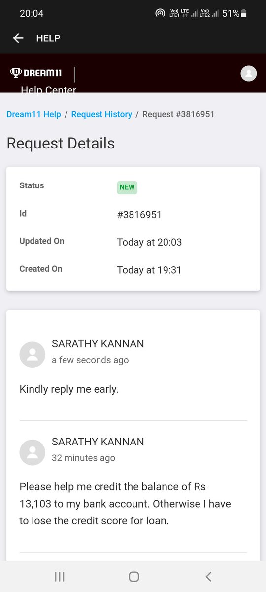 SarathyD's tweet photo. @Dream11 Hi, I have requested for withdrawal of Rs13,103 Since tomorrow is my loan emi date. Kindly credit the same to my account. https://t.co/QtywvQvXa4