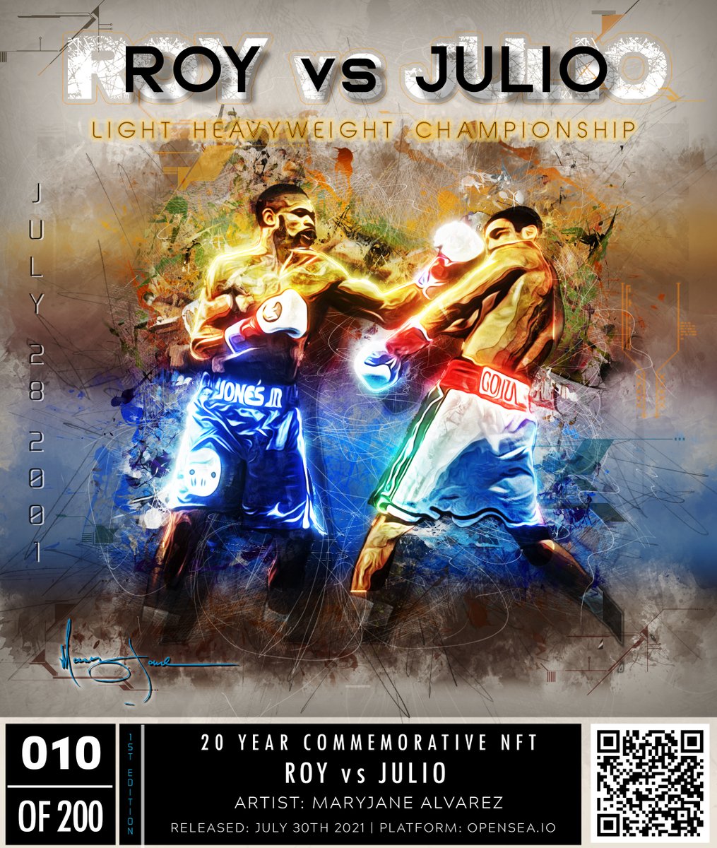 JulioBoxer's tweet image. EXCLUSIVE OFFICIAL NFT DROP:
#RoyJonesJr vs #JulioGonzalez
20 Year Anniversary Commemorative #NFT
Undisputed Light Heavyweight Championship

BY: @MaryjaneCrypto

#NFTs #nftart #cyrptoart #boxing #boxer #BoxingNews #sportsnews #LosAngeles #mexico #Bitcoin

bit.ly/37owmxv