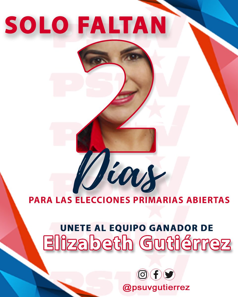 PsuvGutierrez's tweet photo. Solo faltan 2 días para las elecciones primarias abiertas.

Únete al equipo ganador de 

Elizabeth Gutiérrez
Futura alcaldesa del municipio Lagunillas

"Con Dignidad y Lealtad"

@dcabellor
@partidopsuv
@nicolasmaduro
@vtv_canal8
@luiseszulia
  #ciudadojeda #lagunillas #zulia https://t.co/54lVcfGxI5