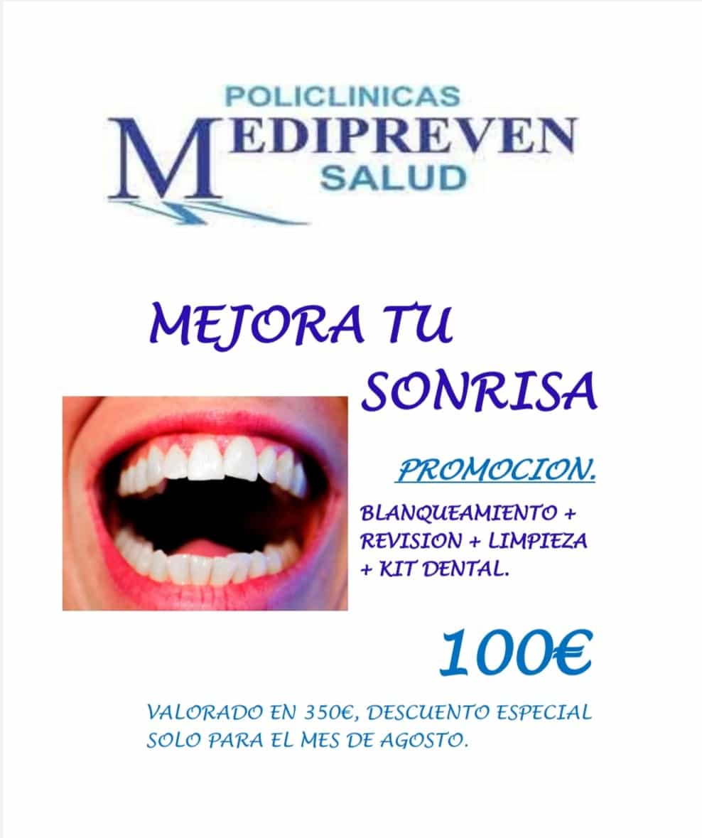 POLICLINICAS MEDIPREVEN SALUD🏥
📍Blanqueamiento dental
📍Revisión
📍Limpieza dental
📍Kit dental
Por sólo 100€
Oferta válida para todo el mes de Agosto.
Para más información:
JEREZ
☎️856520522/622823796
VALLE
☎️956160843/698966109
PATERNA
☎️956416450/698966108
BARCA
☎️956163652