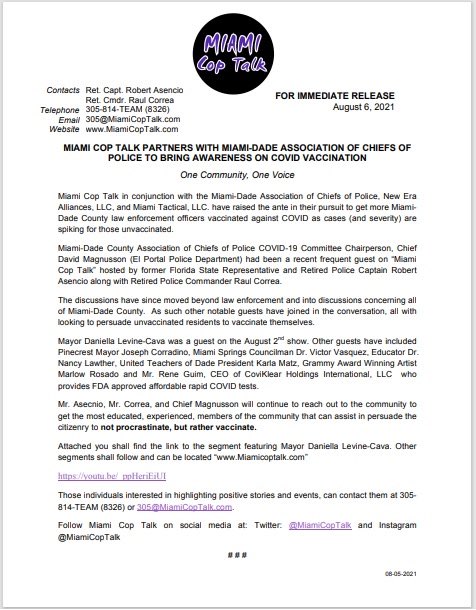 MiamiCopTalk's tweet photo. #PressRelease @MiamiCopTalk Community partners join together on EDUCATE to VACCINATE. @MiamiDadeChiefs @MayorDaniella @joemcorradino @legismaven @marlowrosado @RepAsencio @RaulCorrea @Magnusson32 #BackTheBlue #SafetyFirst #OneCommunityOneVoice https://t.co/klRVZUv0w2