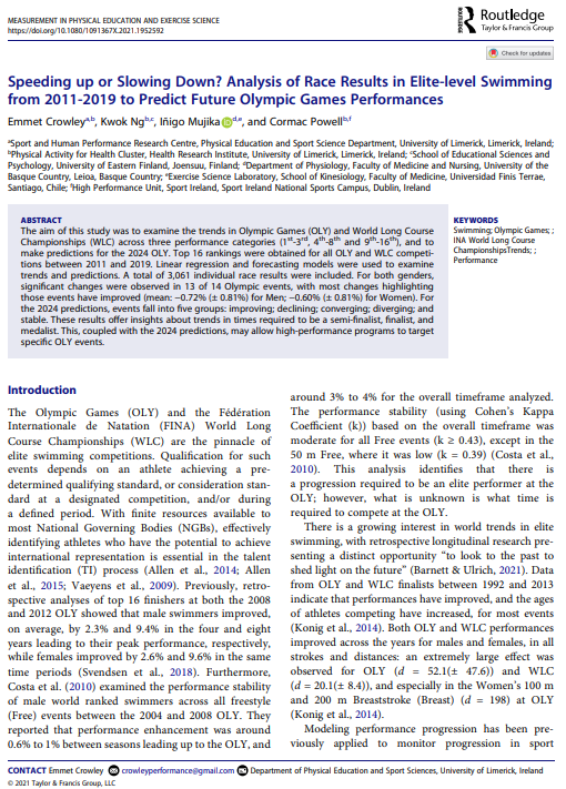 Emmet Crowley, PhD (@emmetcrowley) on Twitter photo Interested in current and predictive Trends in Elite Swimming? And events that show potential opportunities for aspiring swimmers to break into the elite ranks? If so, check this out: bit.ly/3AaLk6I.
Great collaboration <a href="/Cormac_Powell/">Cormac Powell, PhD</a>, <a href="/kwokwng/">kwok</a> and <a href="/inigomujika_en/">Inigo Mujika (En)</a>. Interested in current and predictive Trends in Elite Swimming? And events that show potential opportunities for aspiring swimmers to break into the elite ranks? If so, check this out: bit.ly/3AaLk6I.
Great collaboration <a href="/Cormac_Powell/">Cormac Powell, PhD</a>, <a href="/kwokwng/">kwok</a> and <a href="/inigomujika_en/">Inigo Mujika (En)</a>.