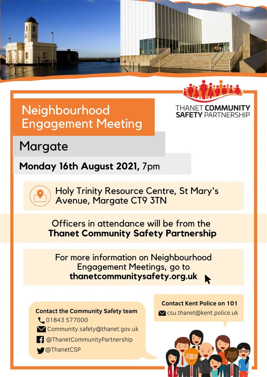 ThanetCSP's tweet image. Our Neighbourhood Engagement Meetings are back! 🥳
Now that COVID-19 restrictions are easing, we can hold physical meetings again. We'll be doing all 4 areas, kicking off with #Margate's NEM on Monday 16th August. 📆
Information is on the posters below. ⤵️
#Thanet #NEM