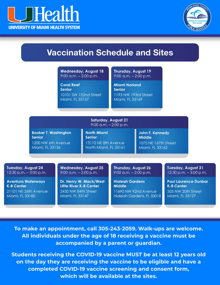 MDCPS's tweet photo. Attention @MDCPS families! In partnership with @UMiamiHealth, NEW dates and locations have been added for school-required vaccines, #COVID19 testing and vaccination for eligible children. #MDCPSWellness https://t.co/asYUHAXLJG