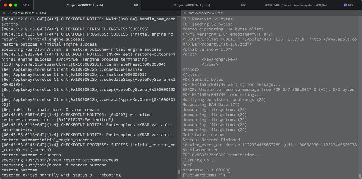 Left: qemu-system-aarch64 (iPhone 11 14.0b5 18A5351): restore-outcome=success, rebooting
Right: ssh to a qemu-system-x86_64 Linux instance (running on the third tab): idevicerestore: Restore finished